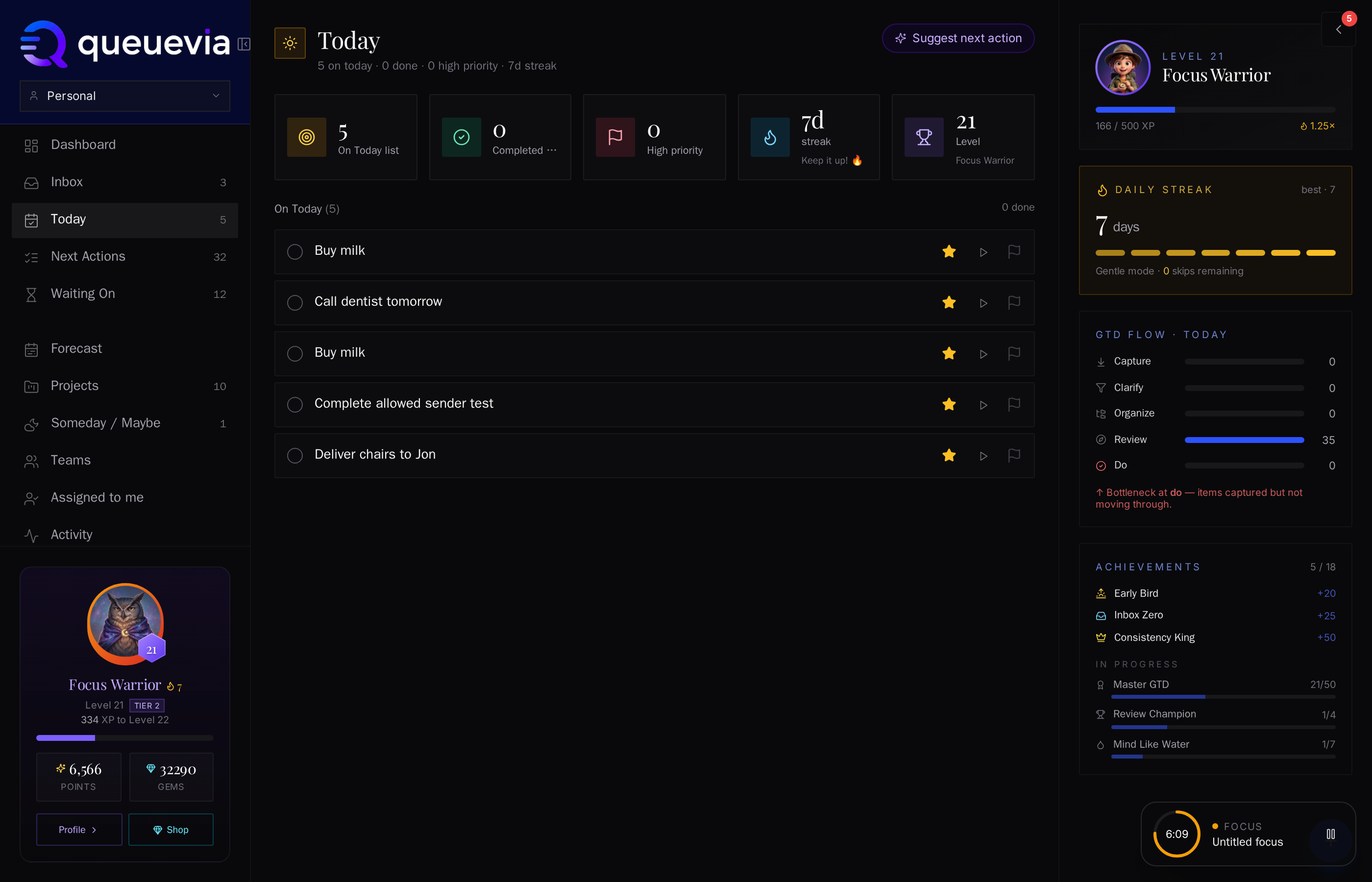 Queuevia today view — task list with GTD flow sidebar and gamification panel